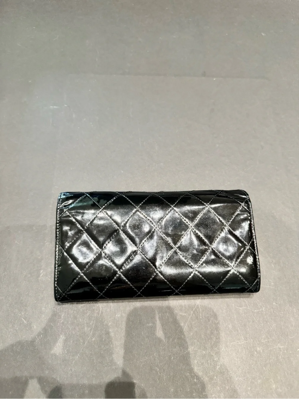 CHANEL WALLET Black Quilted Patent Leather Long wallet with Silver CC